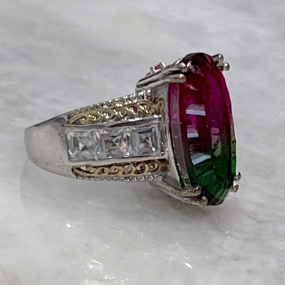 Watermelon Quartz Multigemstone 14K YG Sterling Silver Statement Ring - Picture 4 of 12